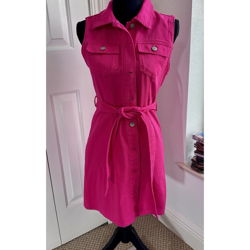 Love Tree Dress Women's Small Hot Pink Denim Belted Button Front Sleeveless
